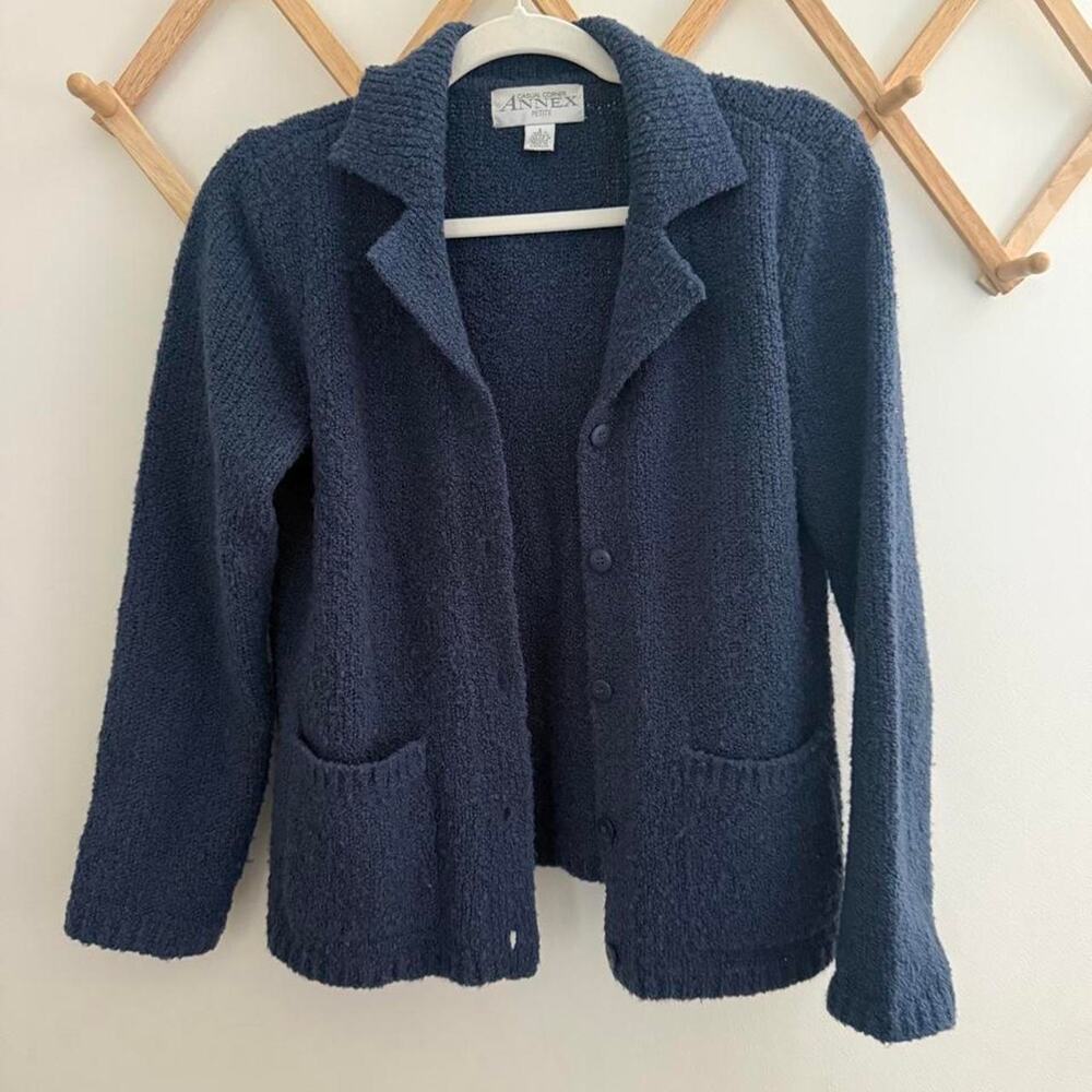 Cozy casual corner annex petite small blue knit cardigan minimalist